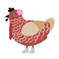 A red and beige chicken with a lace pattern