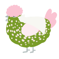 A chartreuse and rose chicken with a speckle pattern