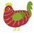A crimson and chartreuse chicken with a bar pattern