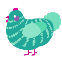 A turquoise and mint chicken with a bar pattern