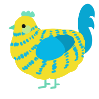 A yellow and cerulean chicken with a bar pattern