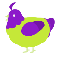 A lime and violet chicken with a head pattern