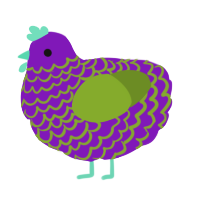 A violet and chartreuse chicken with a lace pattern