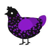 A black and violet chicken with a speckle pattern