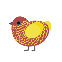 monkey, a red and yellow chicken with a lace pattern