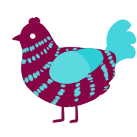 A maroon and aqua chicken with a bar pattern