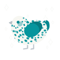 Little guy, a white and teal chicken with a speckle pattern