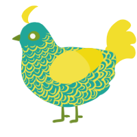 A turquoise and yellow chicken with a double-lace pattern