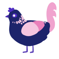 A navy and pink chicken with a neck-speckle pattern