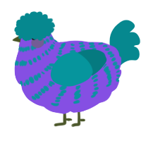A blurple and teal chicken with a bar pattern