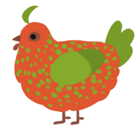 A vermilion and chartreuse chicken with a speckle pattern