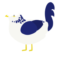 A white and navy chicken with a neck-speckle pattern