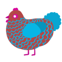 A red and cerulean chicken with a lace pattern