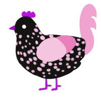 A black and pink chicken with a speckle pattern