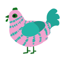 A pink and turquoise chicken with a bar pattern