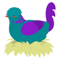 A teal and violet chicken with a neck-speckle pattern