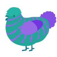 A turquoise and blurple chicken with a bar pattern