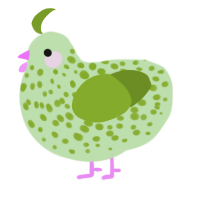 A gluppy and chartreuse chicken with a speckle pattern