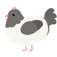 A white and grey chicken with a head pattern