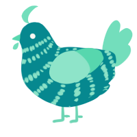 A teal and mint chicken with a bar pattern