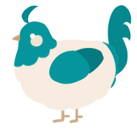 A cream and teal chicken with a head pattern