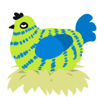 A lime and sapphire chicken with a bar pattern