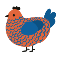 A vermilion and ultramarine chicken with a lace pattern