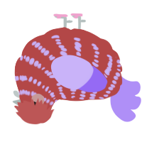 A red and lilac chicken with a bar pattern