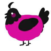 A fuchsia and black chicken with a head pattern