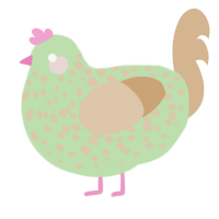 A gluppy and beige chicken with a speckle pattern