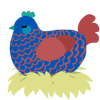 A ultramarine and red chicken with a lace pattern