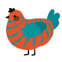 A vermilion and teal chicken with a bar pattern