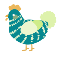 A teal and apple chicken with a bar pattern