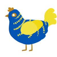 A ultramarine and yellow chicken with a half-bar pattern