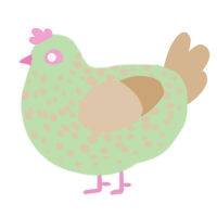 A gluppy and beige chicken with a speckle pattern