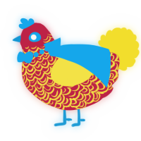 A crimson and yellow chicken with a double-lace pattern