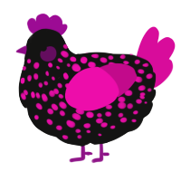 A black and fuchsia chicken with a speckle pattern