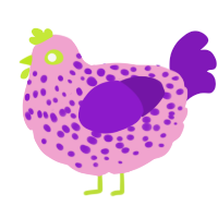 A pink and violet chicken with a speckle pattern