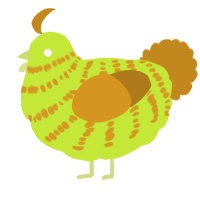 A lime and ochre chicken with a bar pattern