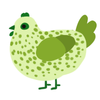 A apple and chartreuse chicken with a speckle pattern