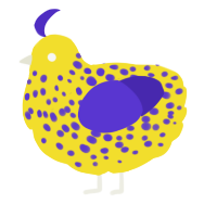 A yellow and indigo chicken with a speckle pattern