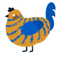 A orange and ultramarine chicken with a bar pattern