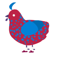 BombPop, a crimson and sapphire chicken with a speckle pattern