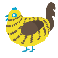 A yellow and bark chicken with a bar pattern
