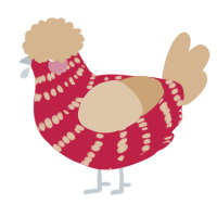 A crimson and beige chicken with a bar pattern