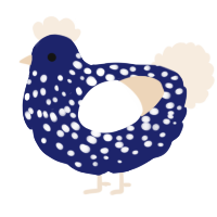 A navy and cream chicken with a speckle pattern