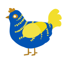 A ultramarine and yellow chicken with a half-bar pattern