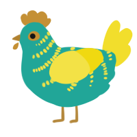 A turquoise and yellow chicken with a half-bar pattern