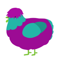 A plum and turquoise chicken with a head pattern