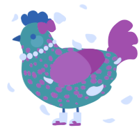 A turquoise and fuchsia chicken with a speckle pattern